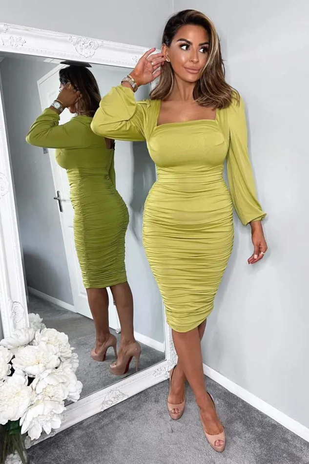 AX Paris Dresses Lime Square Neck Ruched Long Sleeve Midi Dress