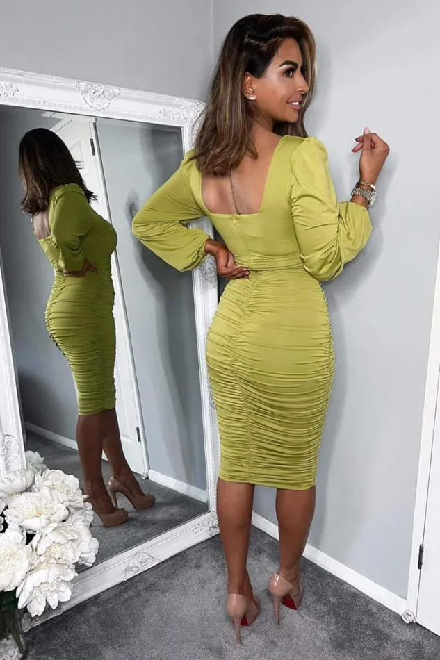 AX Paris Dresses Lime Square Neck Ruched Long Sleeve Midi Dress