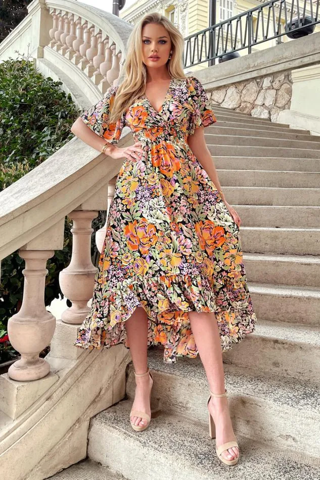 AX Paris Dresses Multi Floral Printed High Low Wrap Top Midi Dress