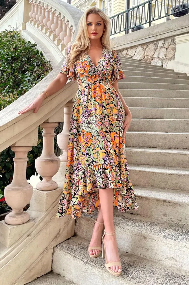 AX Paris Dresses Multi Floral Printed High Low Wrap Top Midi Dress