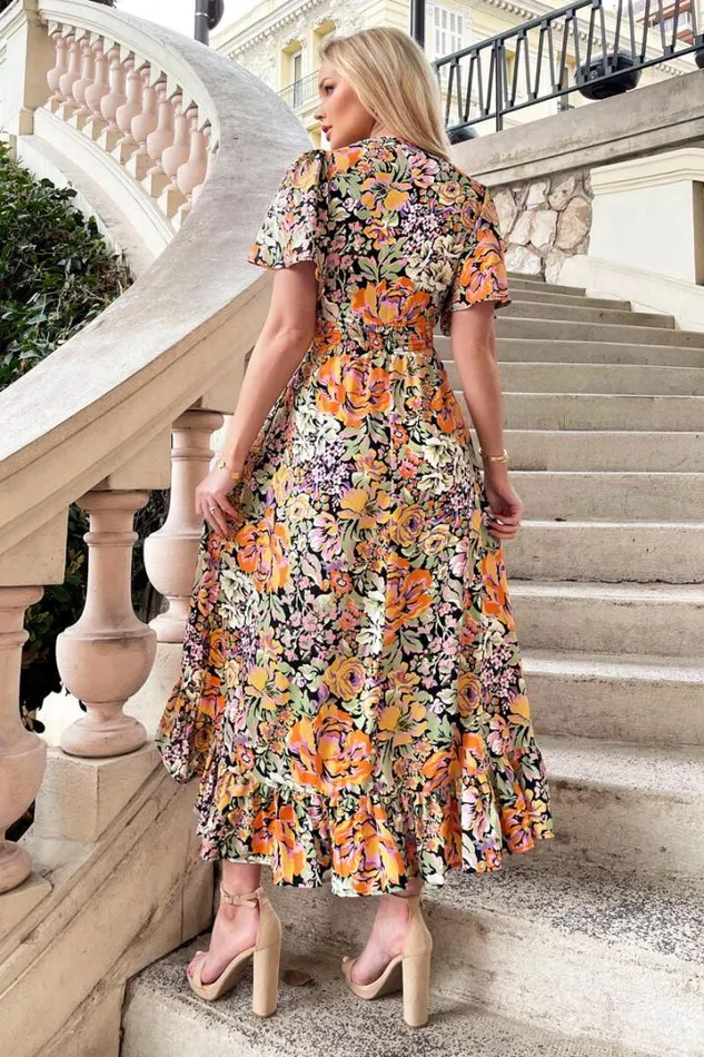 AX Paris Dresses Multi Floral Printed High Low Wrap Top Midi Dress