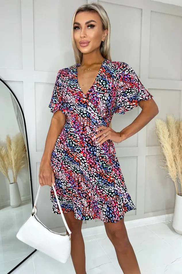 AX Paris Dresses Multi Printed Short Sleeve V Neck Mini Skater Dress