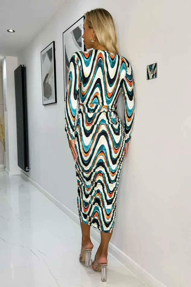 AX Paris Dresses Multi Wave Print Bodycon Midi Dress