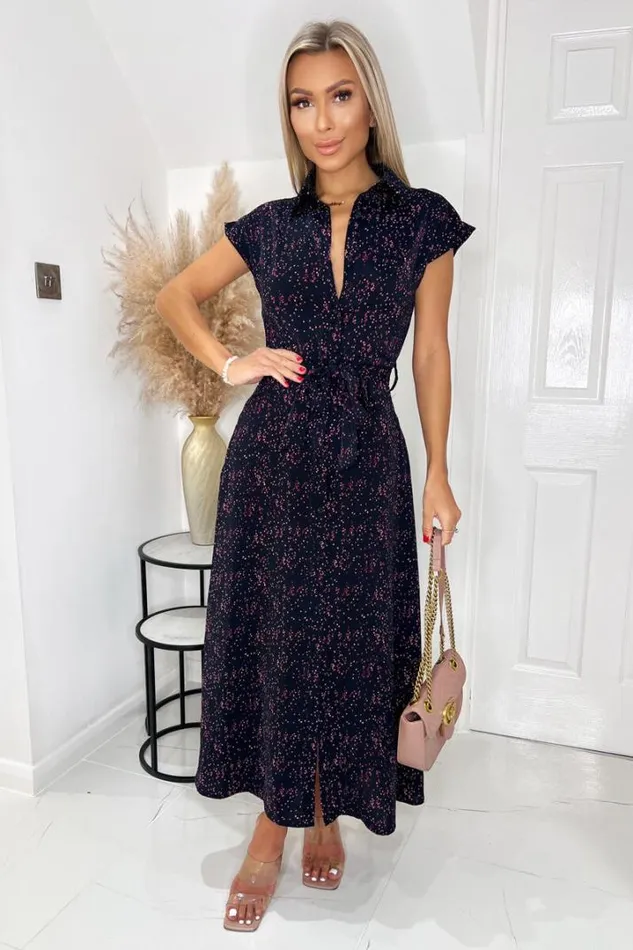 AX Paris Dresses Navy And Pink Printed Short Sleeve Midi Shirt Dress