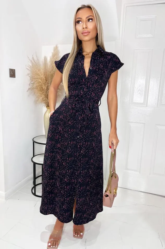 AX Paris Dresses Navy And Pink Printed Short Sleeve Midi Shirt Dress