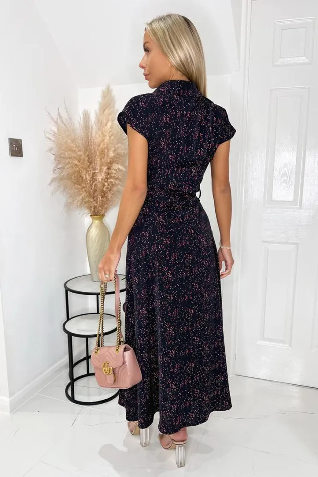 AX Paris Dresses Navy And Pink Printed Short Sleeve Midi Shirt Dress