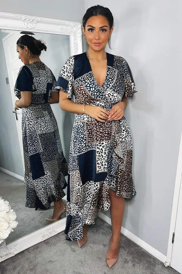 AX Paris Dresses Navy Animal Print Patchwork Wrap Midi Dress