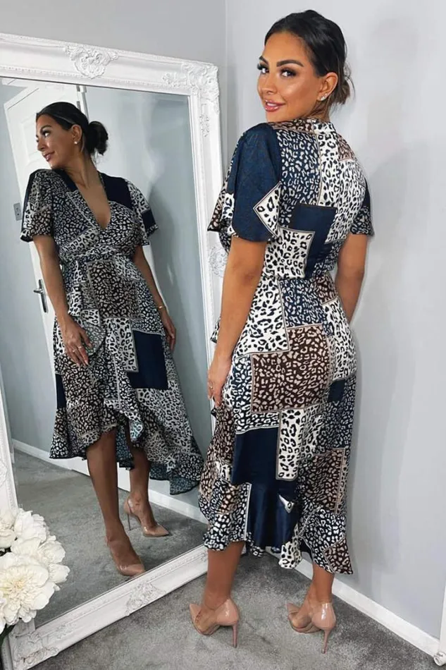 AX Paris Dresses Navy Animal Print Patchwork Wrap Midi Dress