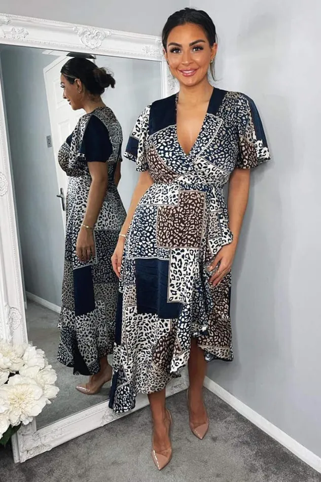 AX Paris Dresses Navy Animal Print Patchwork Wrap Midi Dress