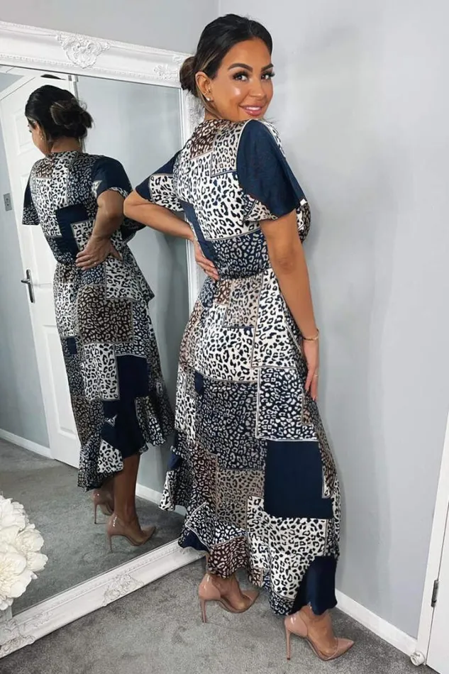 AX Paris Dresses Navy Animal Print Patchwork Wrap Midi Dress