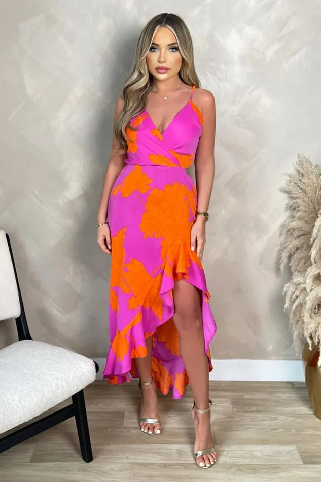 AX Paris Dresses Pink And Orange Floral Printed Wrap Over Strappy Midi Dress