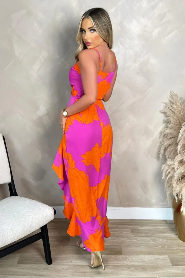 AX Paris Dresses Pink And Orange Floral Printed Wrap Over Strappy Midi Dress