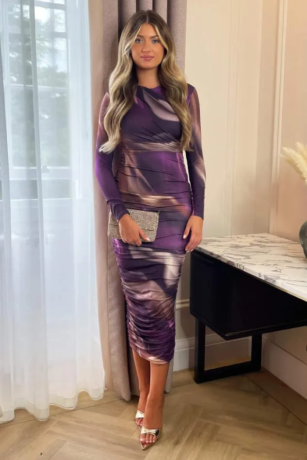 AX Paris Dresses Plum Printed Long Sleeve Ruched Bodycon Midi Dress