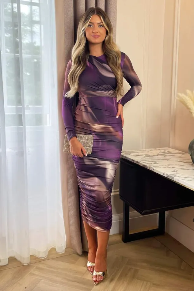 AX Paris Dresses Plum Printed Long Sleeve Ruched Bodycon Midi Dress