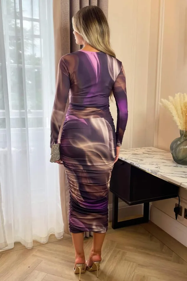 AX Paris Dresses Plum Printed Long Sleeve Ruched Bodycon Midi Dress