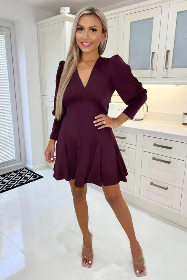 AX Paris Dresses Plum VNeck Long Sleeve Skater Dress