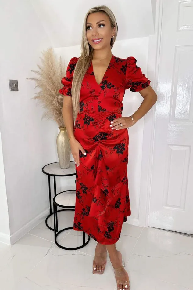AX Paris Dresses Red And Black Printed Frill Front Midi Dress