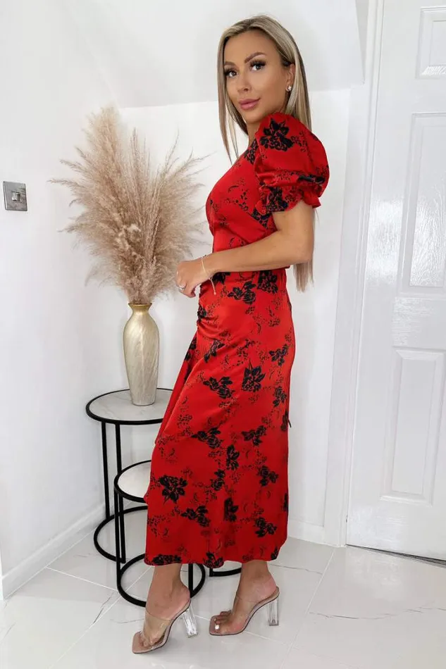 AX Paris Dresses Red And Black Printed Frill Front Midi Dress