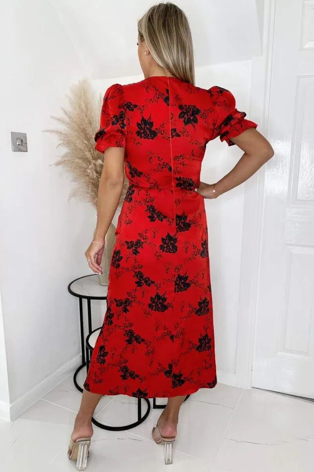 AX Paris Dresses Red And Black Printed Frill Front Midi Dress