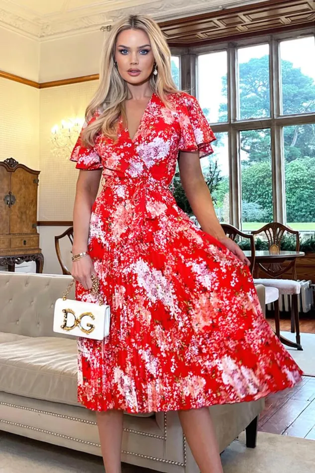 AX Paris Dresses Red Floral Printed Pleated Midi Dress