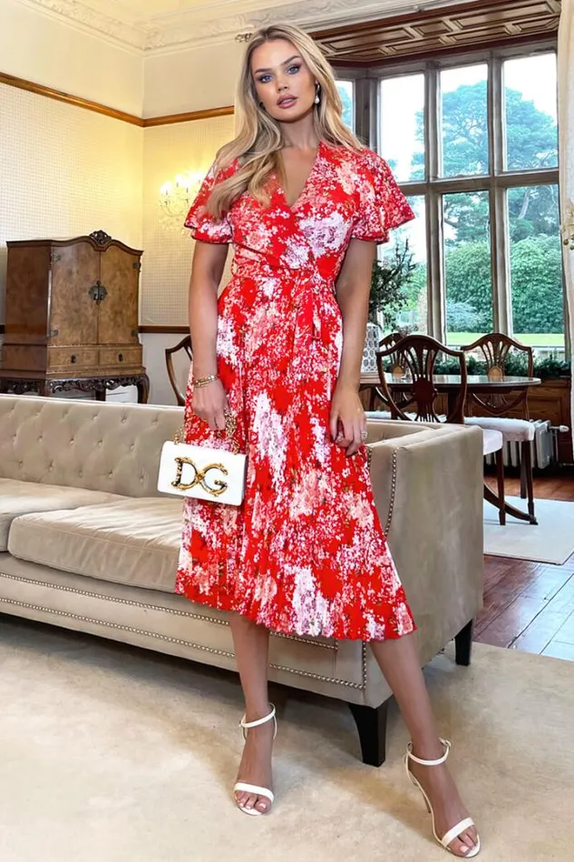 AX Paris Dresses Red Floral Printed Pleated Midi Dress