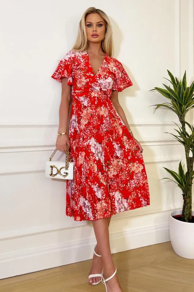 AX Paris Dresses Red Floral Printed Pleated Midi Dress