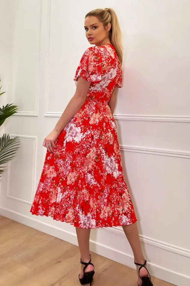 AX Paris Dresses Red Floral Printed Pleated Midi Dress