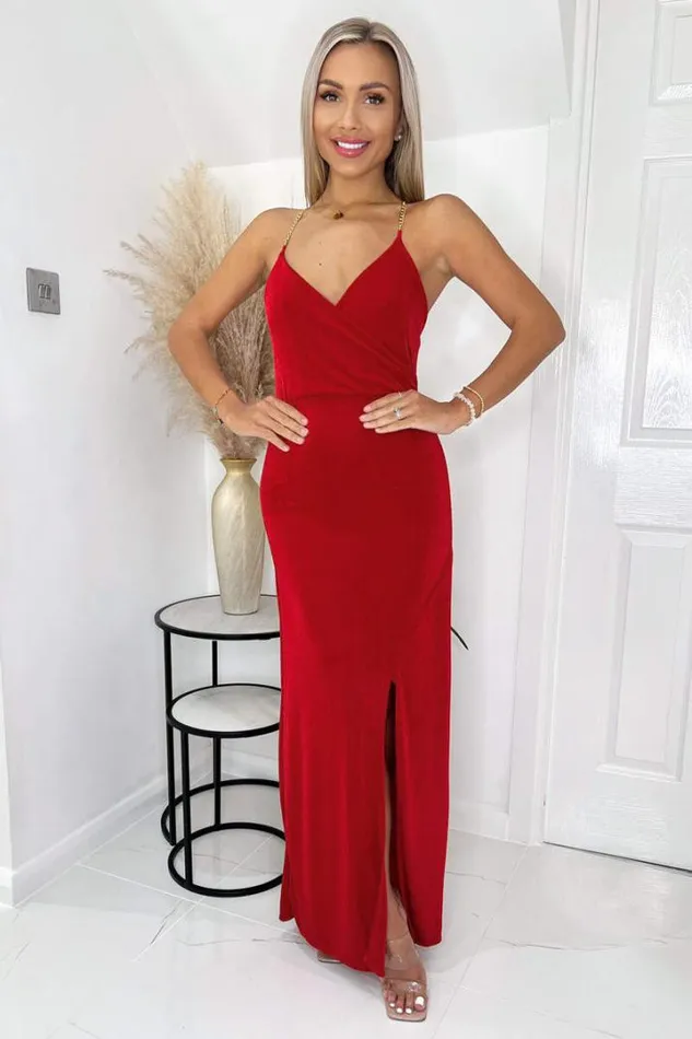AX Paris Dresses Red Wrap Top Ruched Side Chain Strap Midi Dress