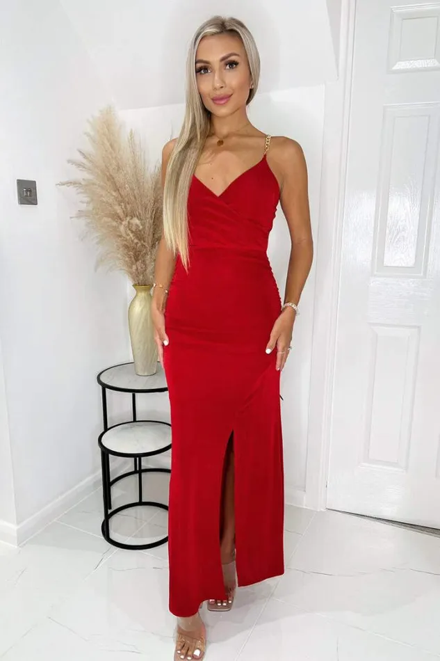 AX Paris Dresses Red Wrap Top Ruched Side Chain Strap Midi Dress