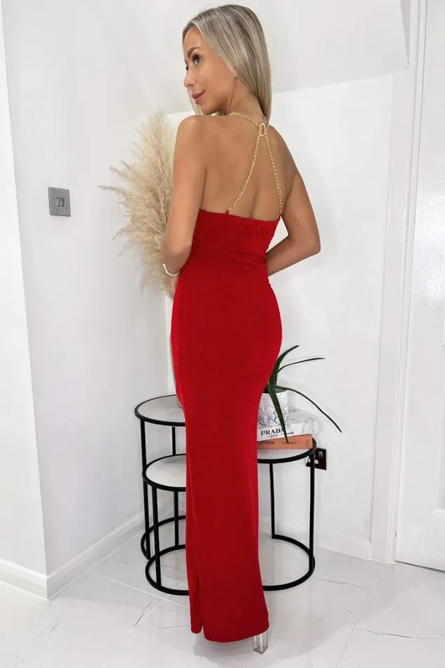 AX Paris Dresses Red Wrap Top Ruched Side Chain Strap Midi Dress