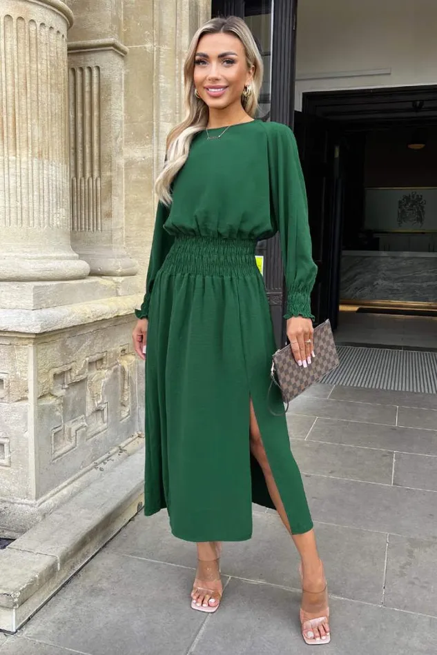 AX Paris Dresses Teal Long Sleeve Shirred Detail Midi Dress