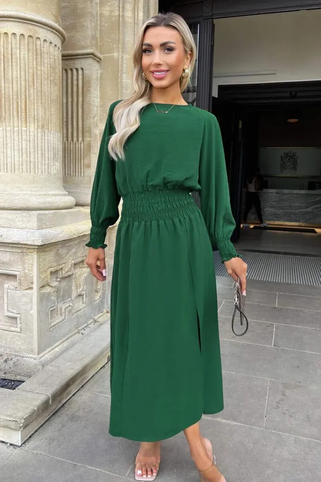 AX Paris Dresses Teal Long Sleeve Shirred Detail Midi Dress
