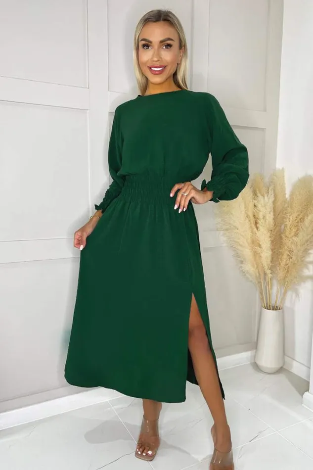 AX Paris Dresses Teal Long Sleeve Shirred Detail Midi Dress