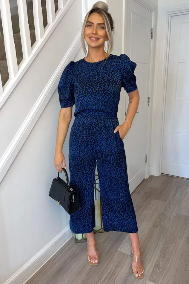 AX Paris Jumpsuits And Playsuits Blue Animal Print Puff Sleeve Jumpsuit