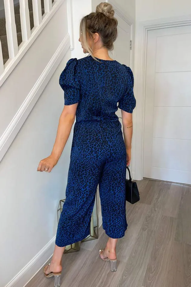 AX Paris Jumpsuits And Playsuits Blue Animal Print Puff Sleeve Jumpsuit
