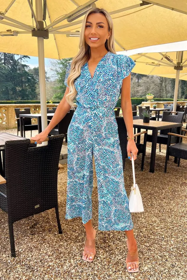 AX Paris Jumpsuits And Playsuits Blue Snake Print V Neck Frill Sleeve Jumpsuit