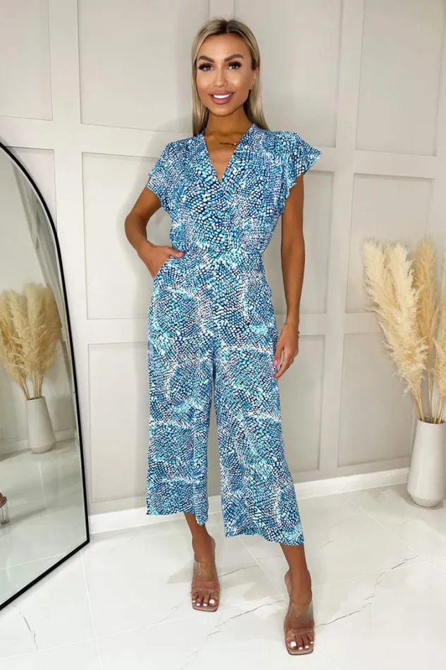 AX Paris Jumpsuits And Playsuits Blue Snake Print V Neck Frill Sleeve Jumpsuit