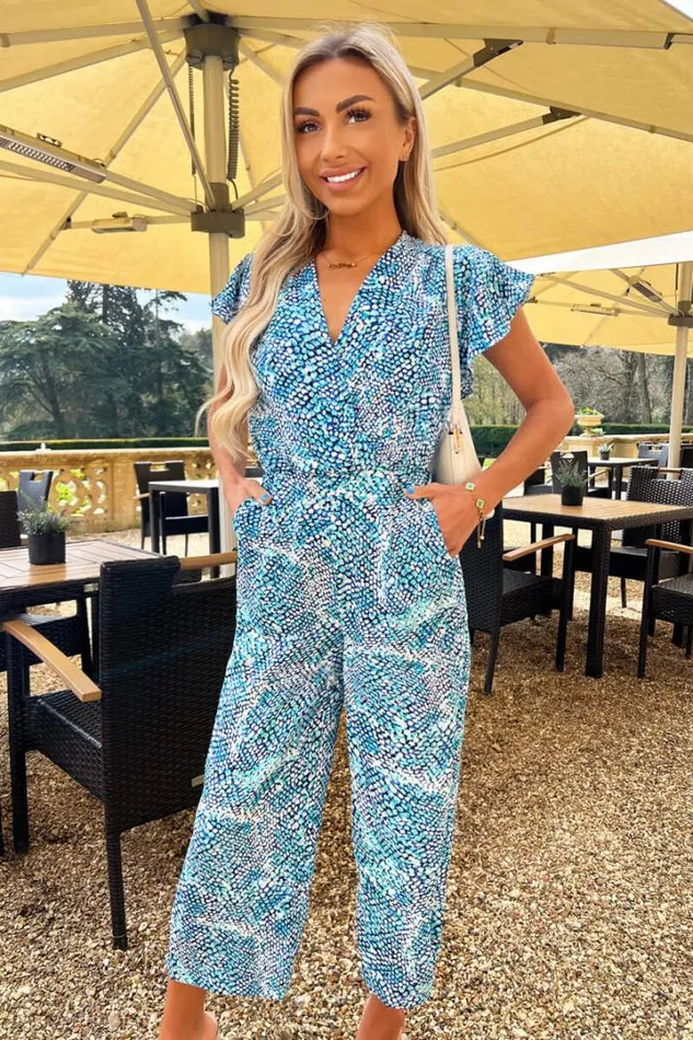 AX Paris Jumpsuits And Playsuits Blue Snake Print V Neck Frill Sleeve Jumpsuit