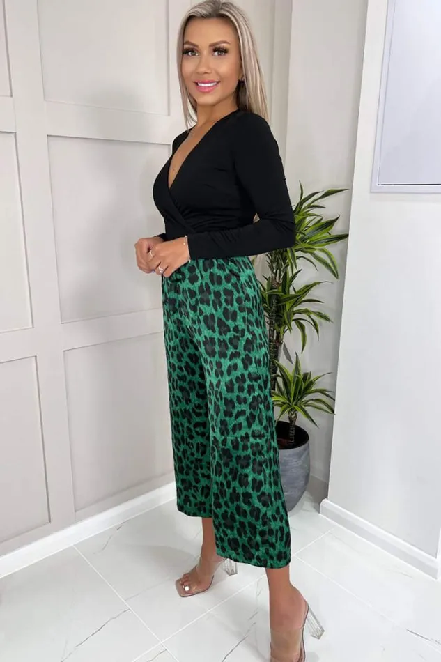 AX Paris Jumpsuits And Playsuits Green And Black Animal Print Long Sleeve 2 In 1 Jumpsuit