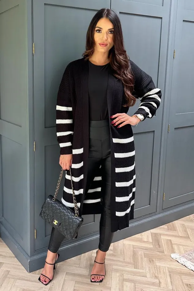 AX Paris Knitwear Black And Cream Stripe Knit Long Cardigan