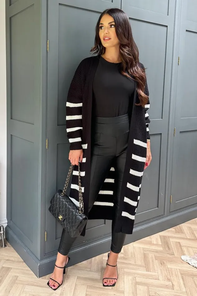 AX Paris Knitwear Black And Cream Stripe Knit Long Cardigan