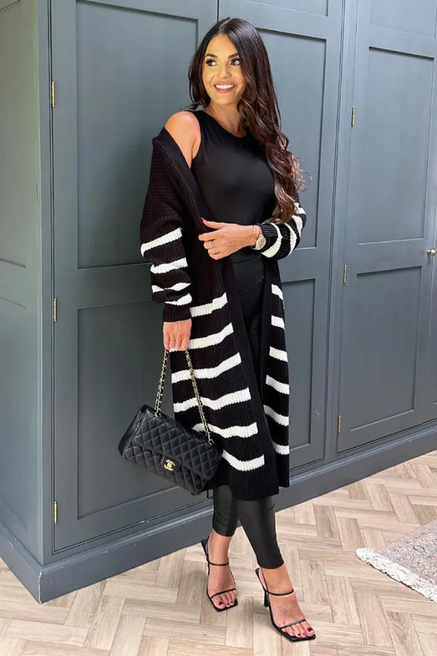 AX Paris Knitwear Black And Cream Stripe Knit Long Cardigan