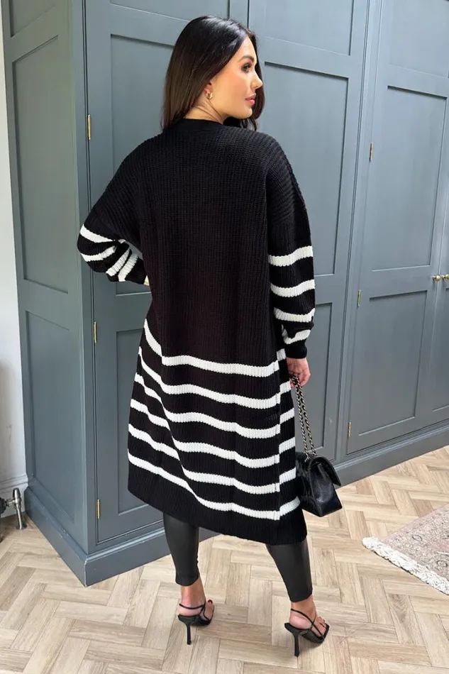AX Paris Knitwear Black And Cream Stripe Knit Long Cardigan