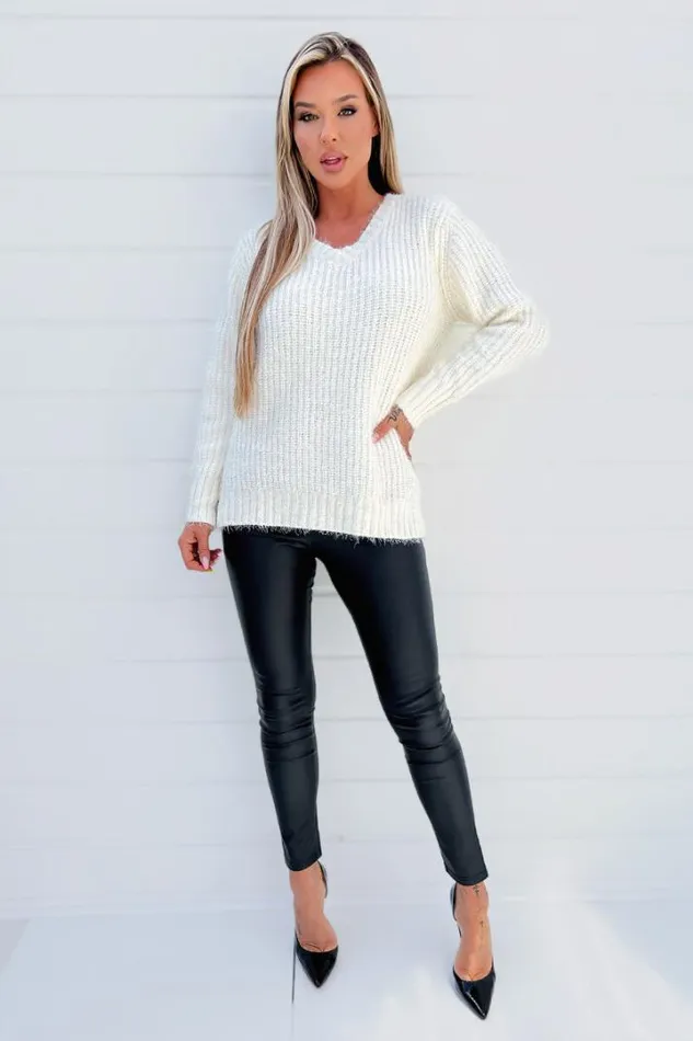 AX Paris Knitwear Cream VNeck Chenille Knit Jumper