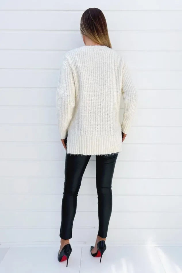 AX Paris Knitwear Cream VNeck Chenille Knit Jumper
