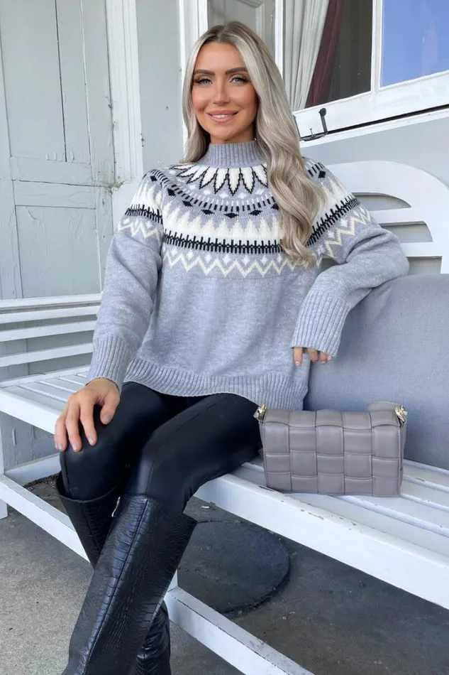 AX Paris Knitwear Grey Fairisle Knitted Jumper
