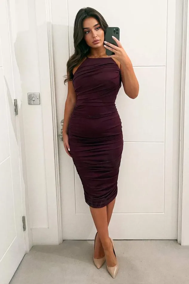 AX Paris Midi Dresses Plum Ruched Pleated Top Midi Dress