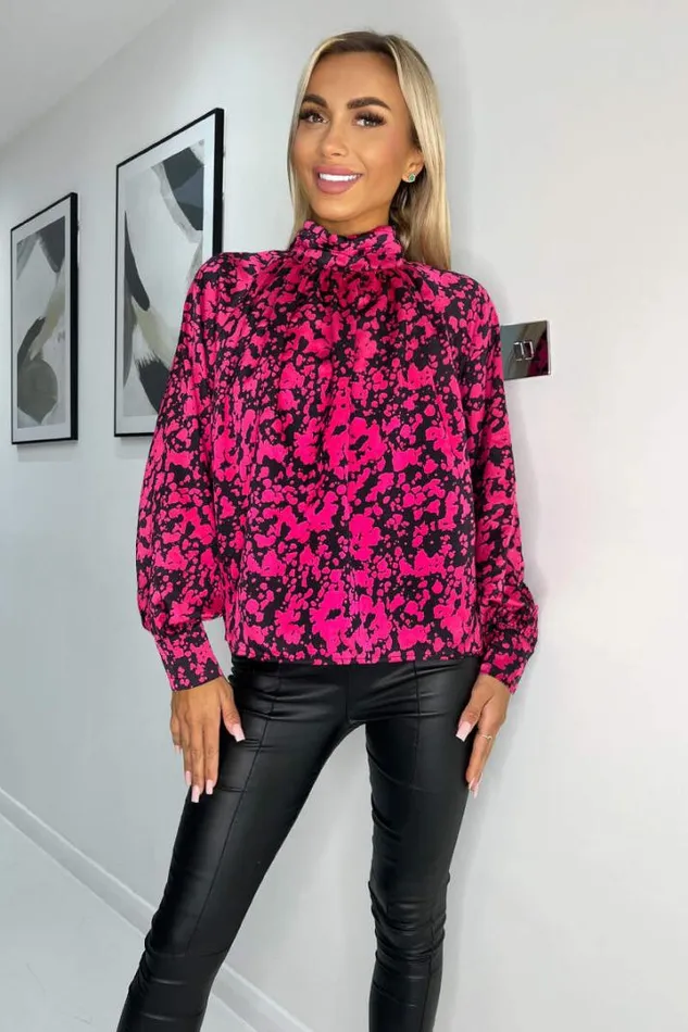 AX Paris Tops Cerise And Black Print High Neck Long Sleeve Top
