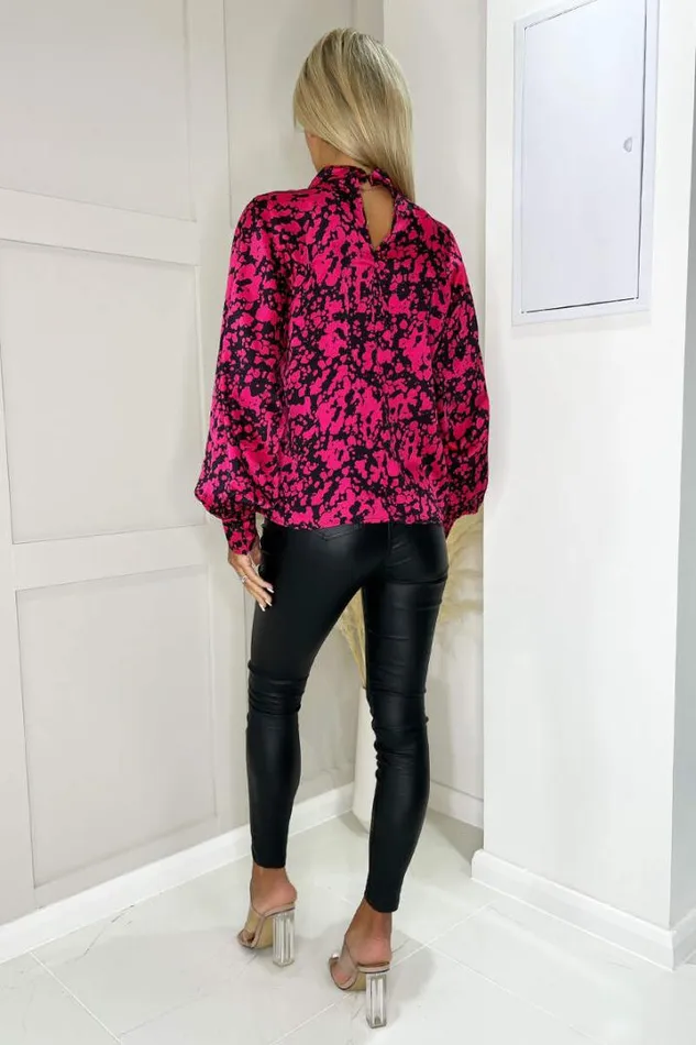 AX Paris Tops Cerise And Black Print High Neck Long Sleeve Top