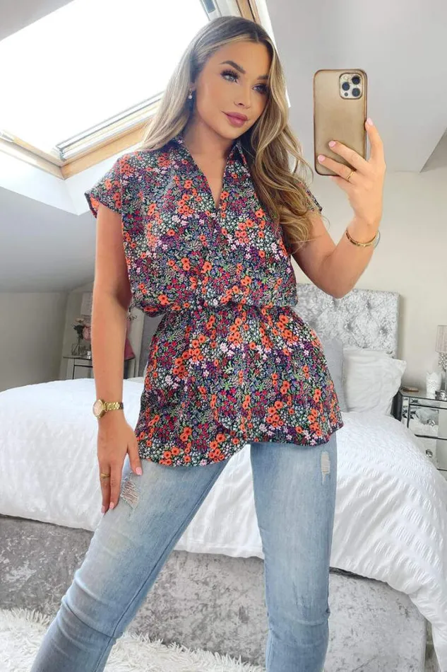 AX Paris Tops Navy And Orange Floral Print Wrap Top